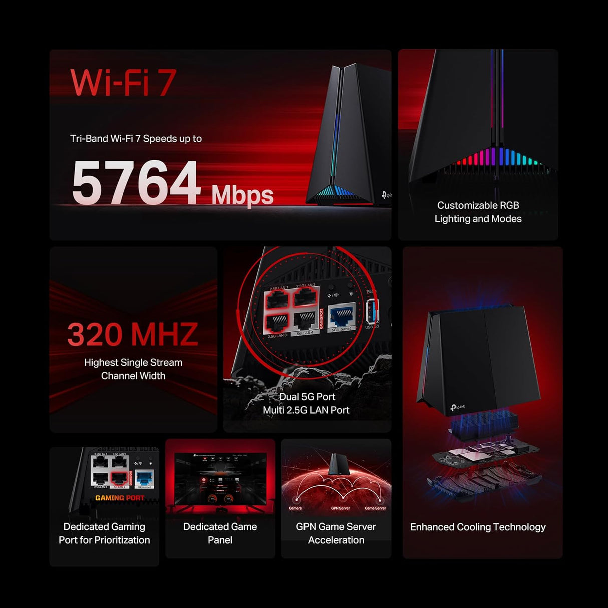 TP-Link BE11000 Tri-Band WLAN 7 Gaming Router Archer GE650 | 6-stream 11Gbit/s Supports 320MHz | 2×5G + 3×2.5G USB 3.0 Ports | Gaming Gear, Dedicated Gaming Port and Panel