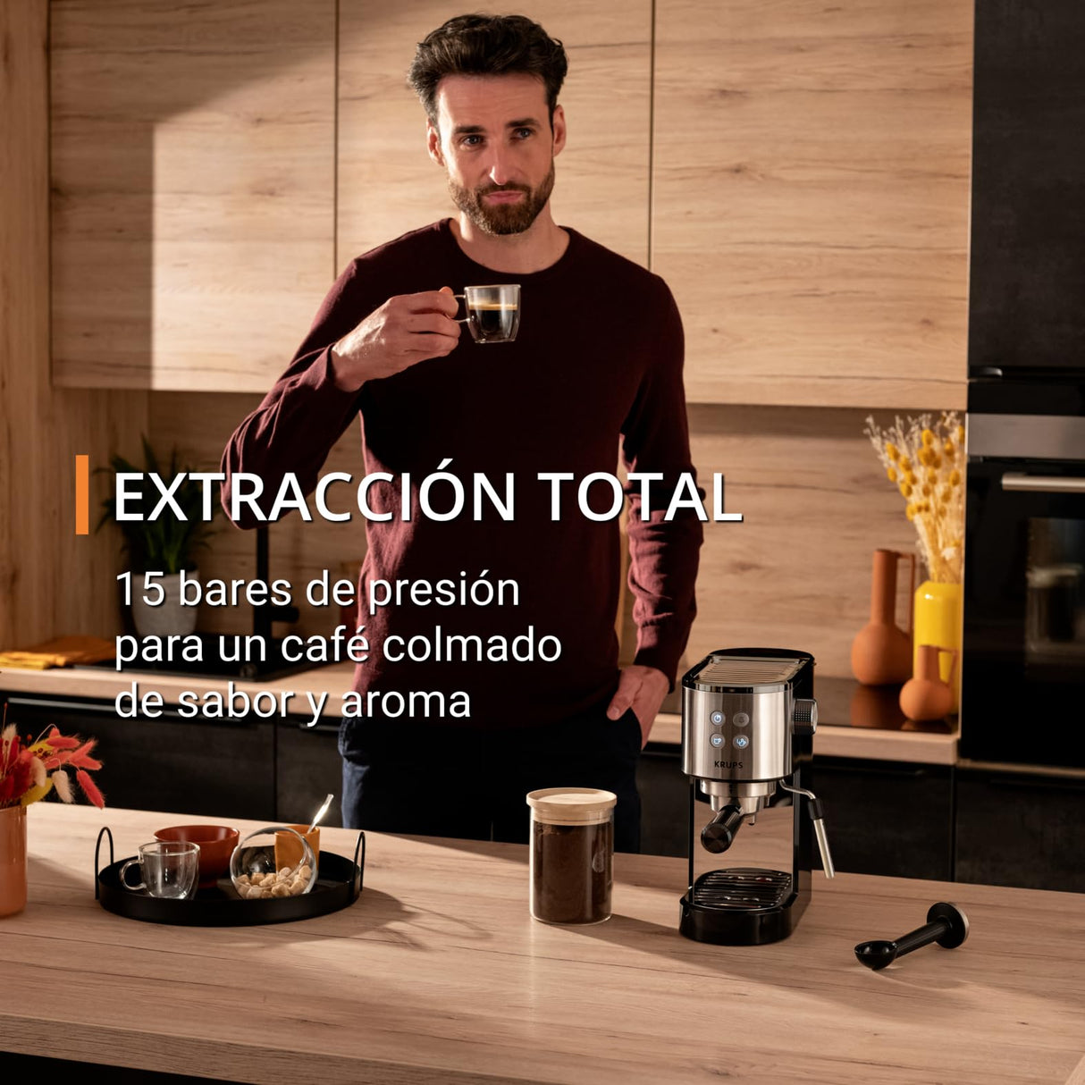 Krups Virtuoso Essential - Cafetera espresso 15 bar, acero inox negro, diseño compacto y elegante, parada automática, espresso y cappuccino, Thermoblock, boquilla de vapor, incluye cuchara, XP4418