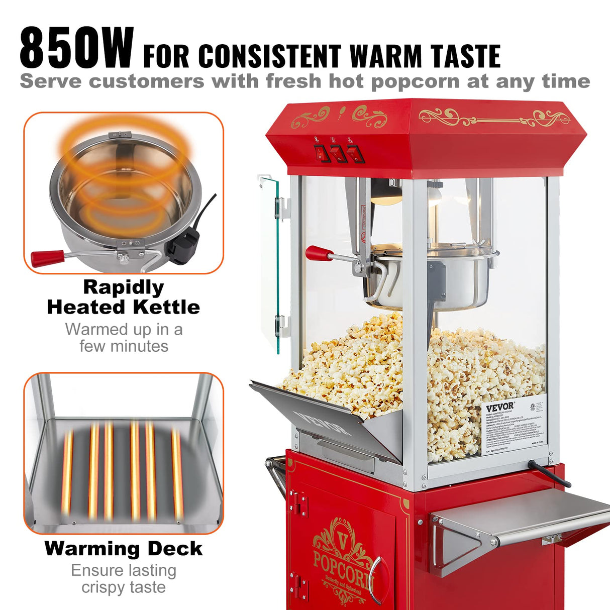 VEVOR Máquina para Hacer Palomitas de Maíz con Carrito, 850 W, Hervidor de 8 oz Que Prepara 48 Tazas por Tanda, con Vidrio Templado, Incluye 4 Palas, Estilo Cine, Color Rojo, 610 x 410 x 1395 mm