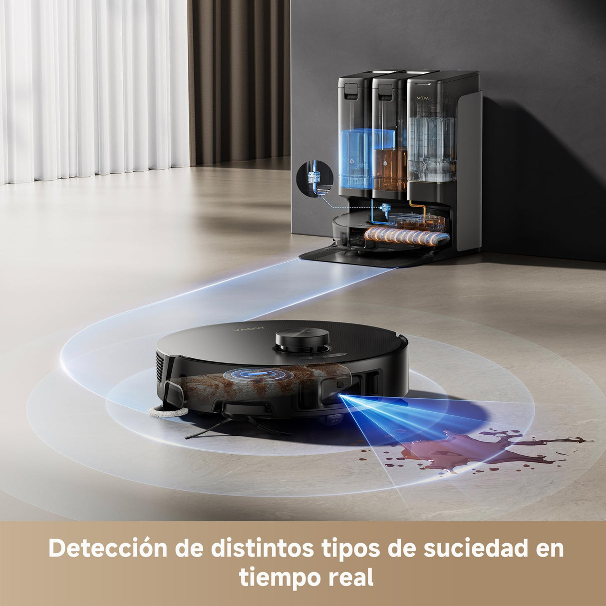 Mova Z50 Ultra Robot Aspirador 19000Pa Succión con mopa, Limpieza con Agua Fresca y 18N Presión, Autolimpieza con Agua Caliente 75℃, Mopa Levantable, Navegación DToF+IA RGB, Autovaciado