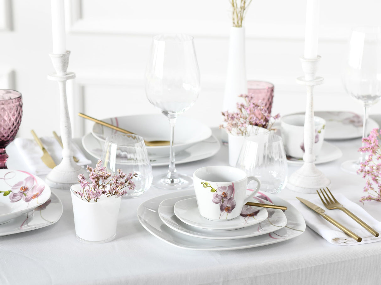 CreaTable, 24026, Serie Square Orchidee, 30-teiliges Geschirrset für 6 Personen, Kombiservice aus Porzellan, spülmaschinen- und mikrowellengeeignet, Qualitätsproduktion