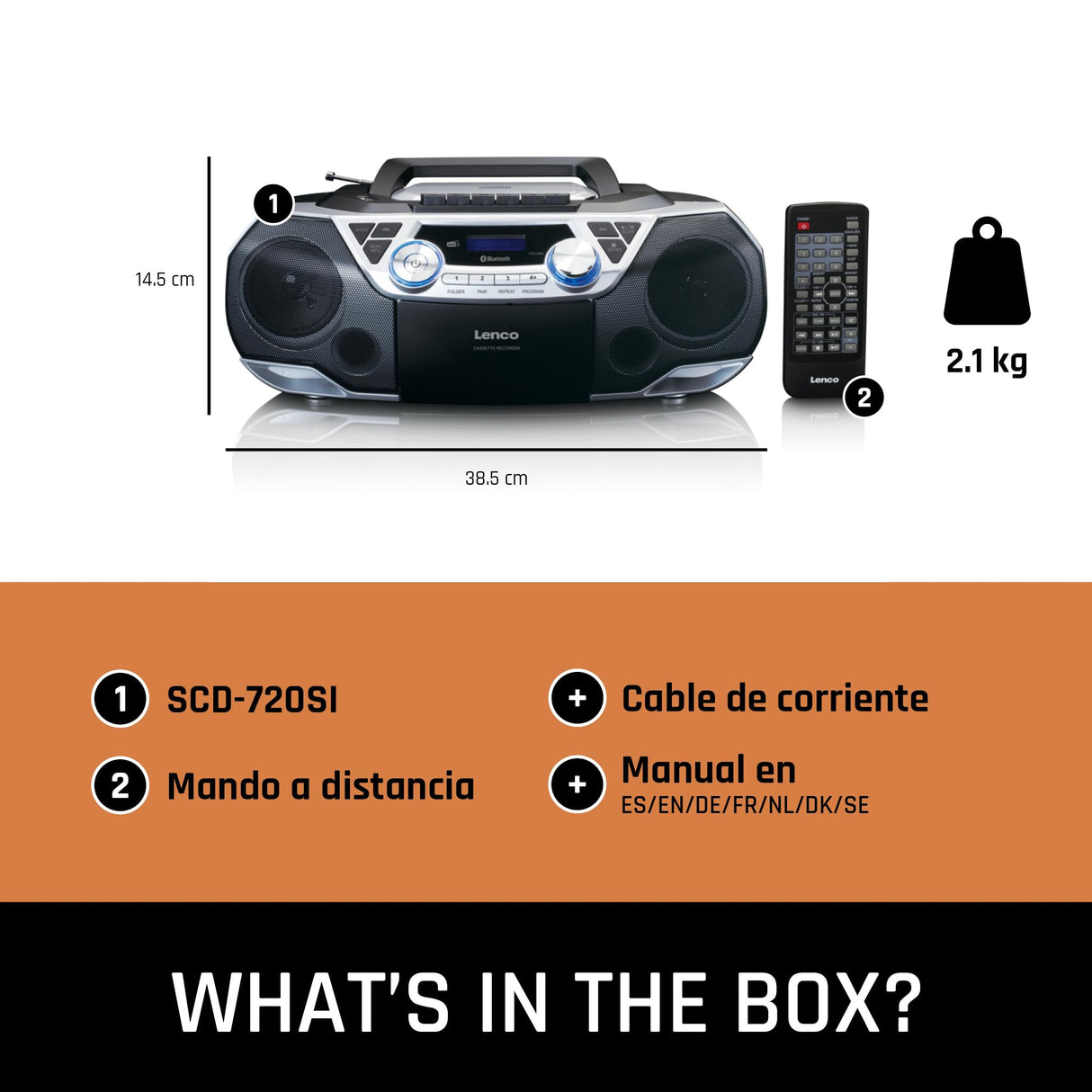 Lenco SCD-720 - Boombox Dab+ - Bluetooth 5.0 - Toploader CD/MP3 - Placa de Casete - Radio FM - Puerto USB - 2 x 6 W RMS - Bass Reflex - Mando a Distancia - Plata