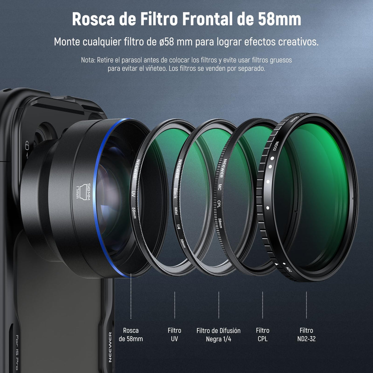 NEEWER HD 65mm Telefoto Phone Camera Lens con Parasol Solo para 17mm Rosca Placa Trasera Phone Cage Case, 1,7X Zoom Accesorio Lente Compatible con iPhone 16, 15, S25, S24 Ultra, Android, LS-66