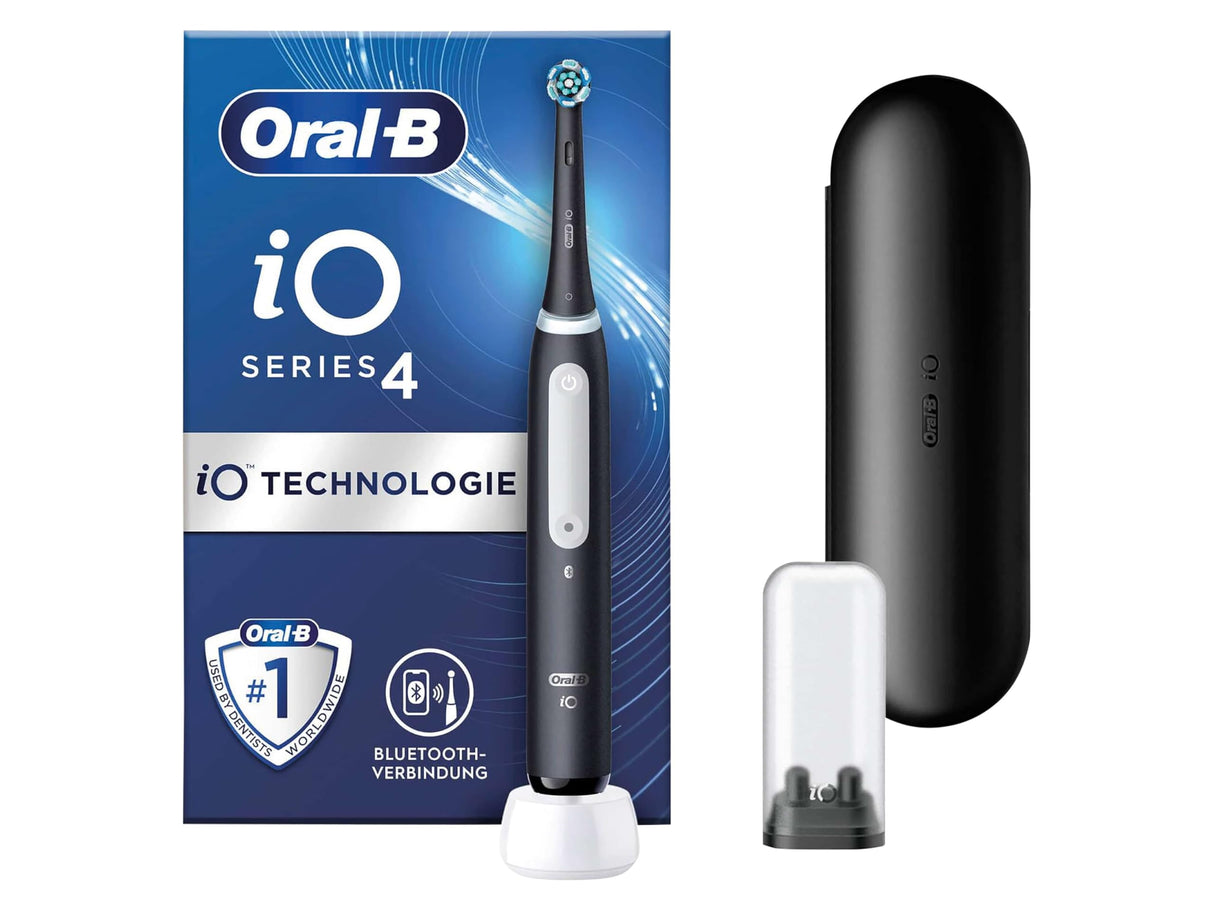 Oral-B iO Series 4 - Cepillo de dientes eléctrico, 4 modos de cepillado para cuidado dental, estuche de viaje, negro mate, ganador de la prueba Stiftung Warentest (12/2023)