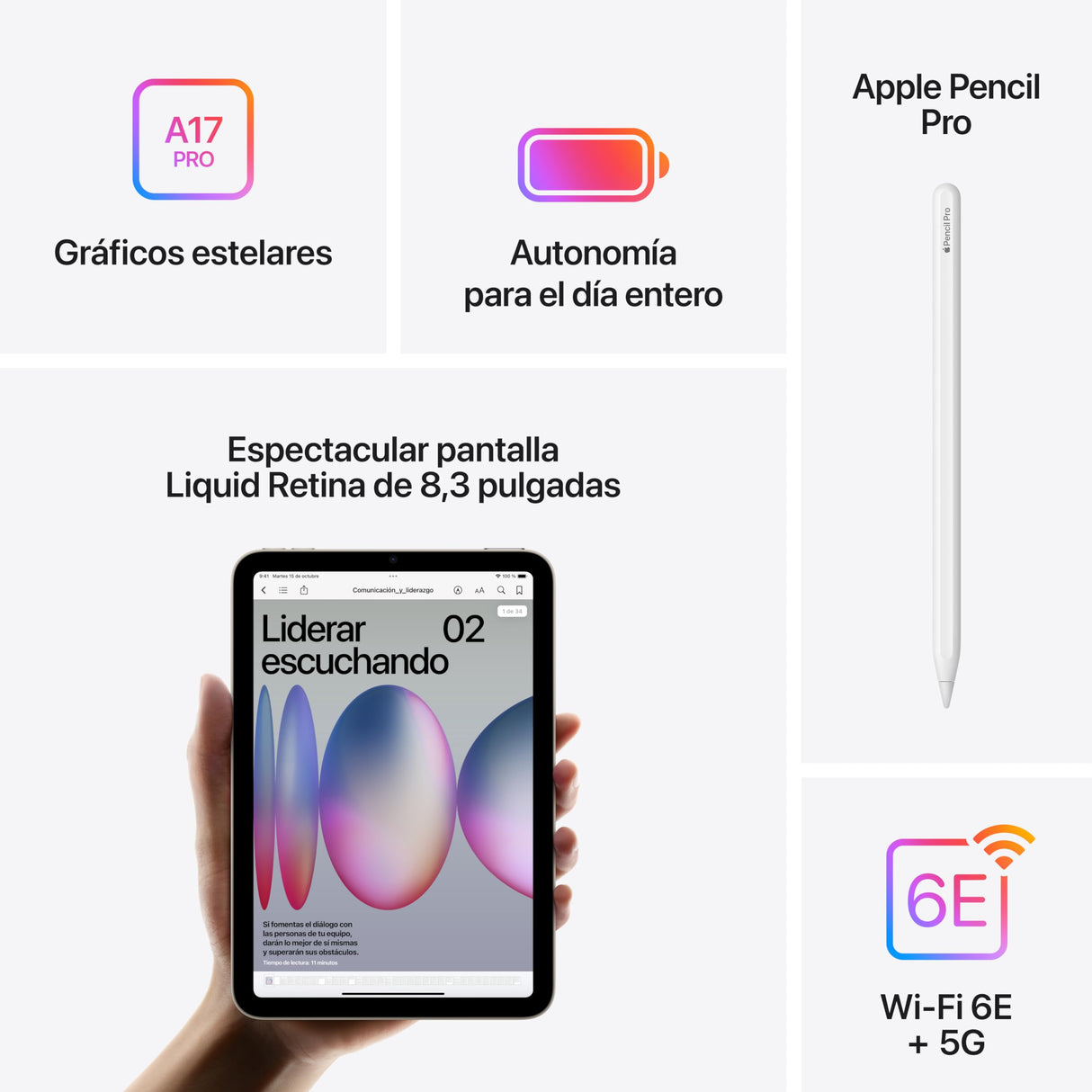 Apple iPad Mini (A17 Pro): Pantalla Liquid Retina de 8,3 Pulgadas, 128 GB, Wi Fi 6E, Redes 5G, cámaras Frontal y Trasera de 12 Mpx, Touch ID, autonomía para un día Entero – Azul