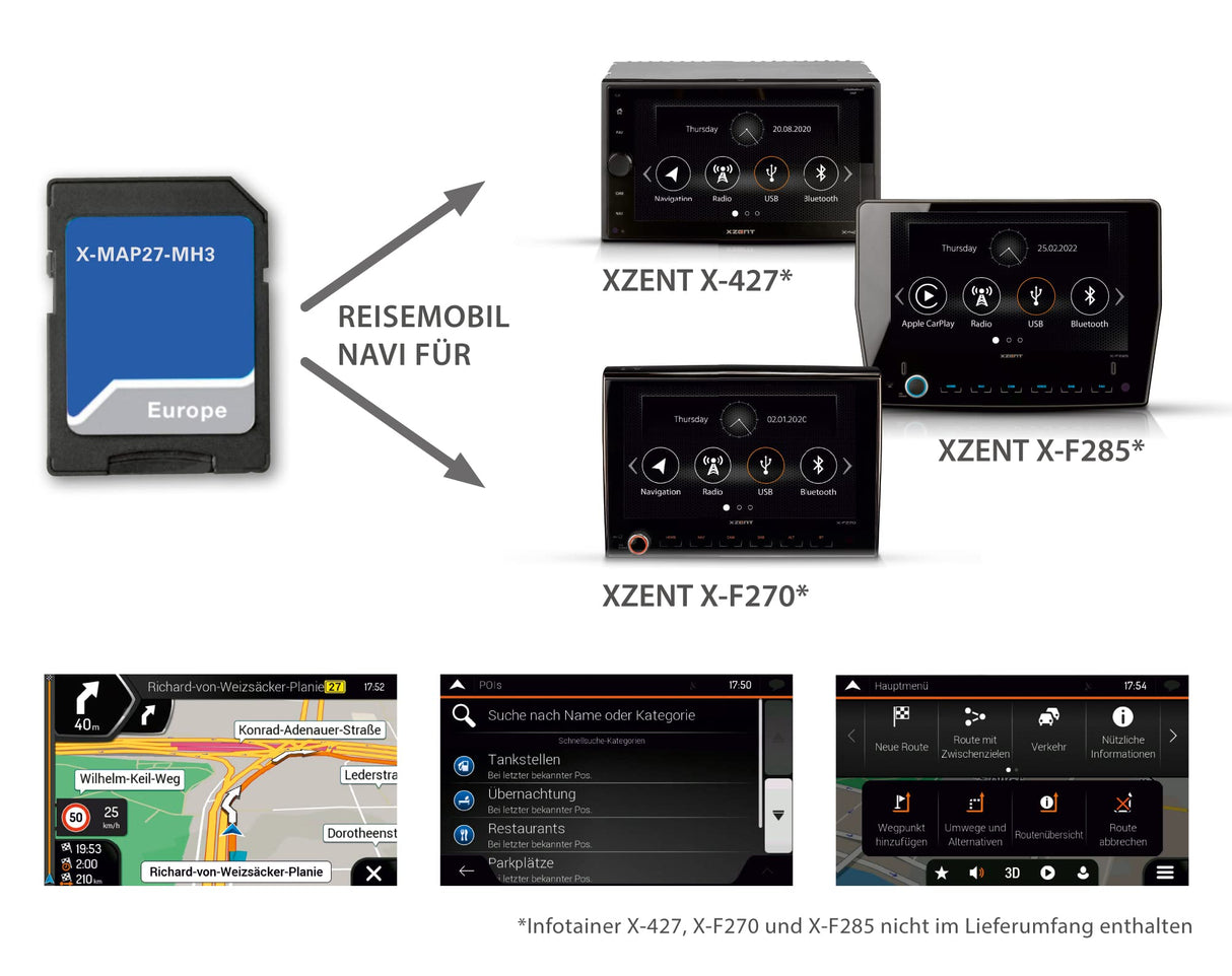 Xzent X-MAP27-MH3: Tarjeta Micro SD con navegación de Autocaravana para XZENT X-427 y X-F270, mapas para Europa, Camping P.O.I. Paquete de 3 años de actualizaciones gratuitas de mapas