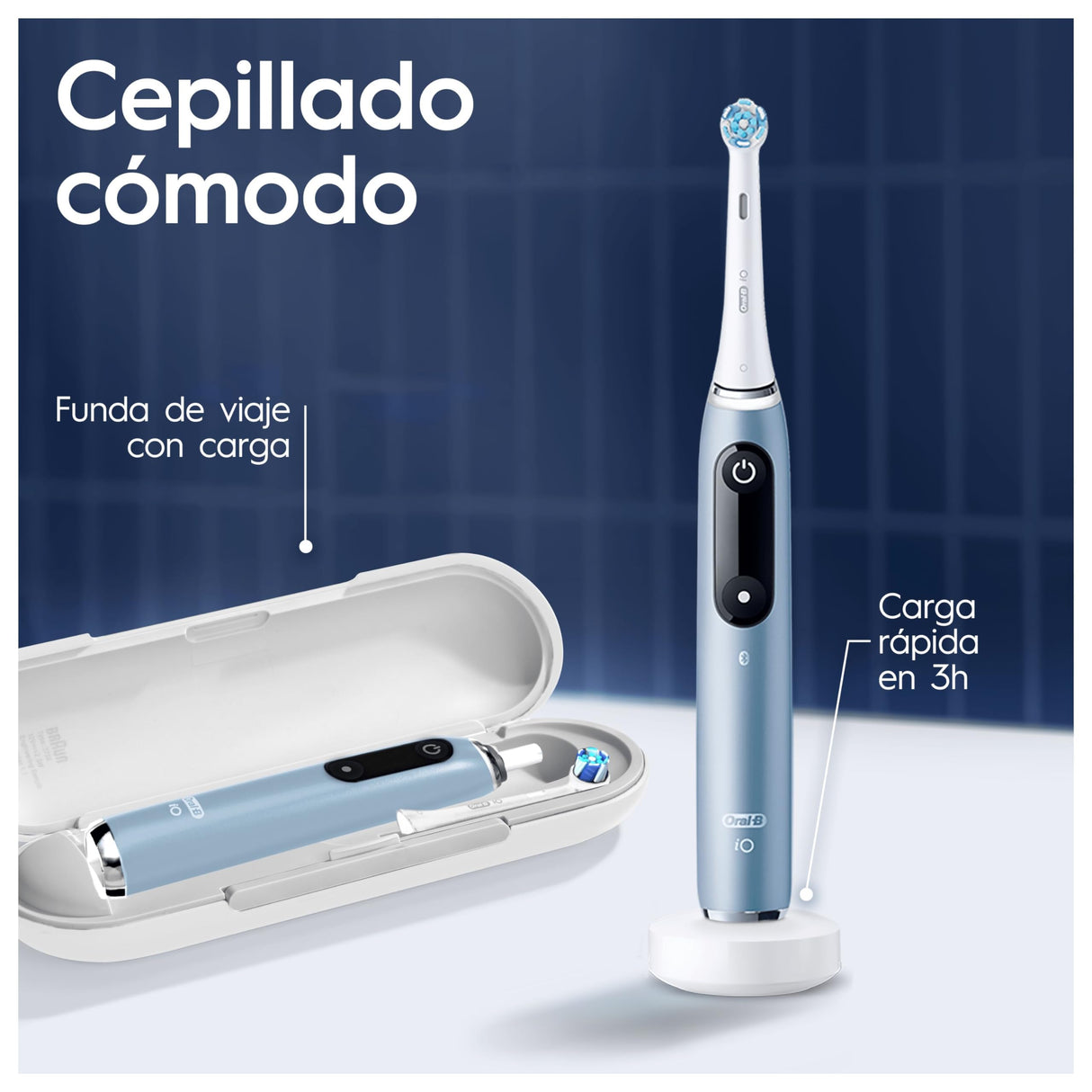 Oral-B iO 9 Cepillo de Dientes Eléctrico con Mango Recargable, 1 Cabezal, Estuche de Viaje con Cargador y Funda Magnética, Diseñado por Braun, Regalos Originales para Mujer y Hombre - Azul