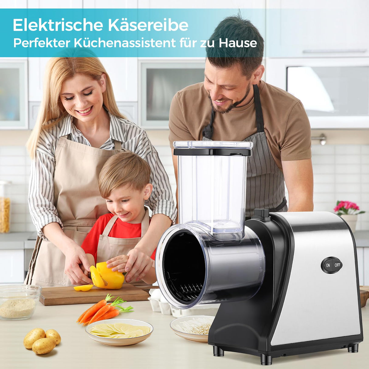 Rallador eléctrico de verduras de 250 W con gran orificio de llenado, 5 discos de acero inoxidable para verduras y queso