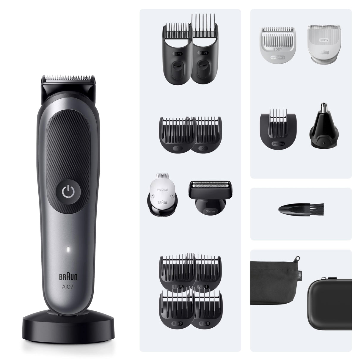 Braun Recortadora Todo En Uno Series 7 AIO7585, Kit De Styling 18en1 Para Barba, Pelo, Orejas, Nariz y Cuerpo, 120 Min De Autonomía, Cortapelos Hombre Con Lámina Ultra Afilada, Gris