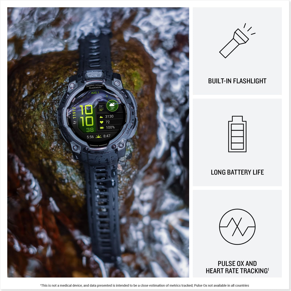 Garmin Instinct 3, Reloj inteligente con GPS, Pantalla AMOLED de 50 mm, Resistente al agua, Aplicaciones deportivas integradas, Monitorización de la salud, Linterna LED, Hasta 24 días autonomía, Negro