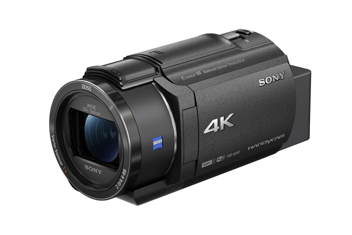 Sony Handycam FDR-AX43 - Videocámara (pantalla de 3" giratoria, grabación 4K Ultra HD, lente Zeiss Vario-Sonnar 26.8 mm, zoom óptico 20x, Balanced Optical SteadyShot, selfies, videos en casa y viajes)