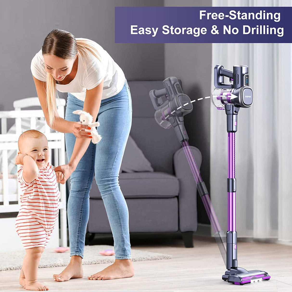 Lubluelu Aspiradora sin Cable 25000pa, Aspirador Escoba sin Cable Potente 220W Batería Extraíble 50min Aspirador con Cepillo Antienredos y 2 Filtros, para Suelos Duros Pelo de Mascota Violeta