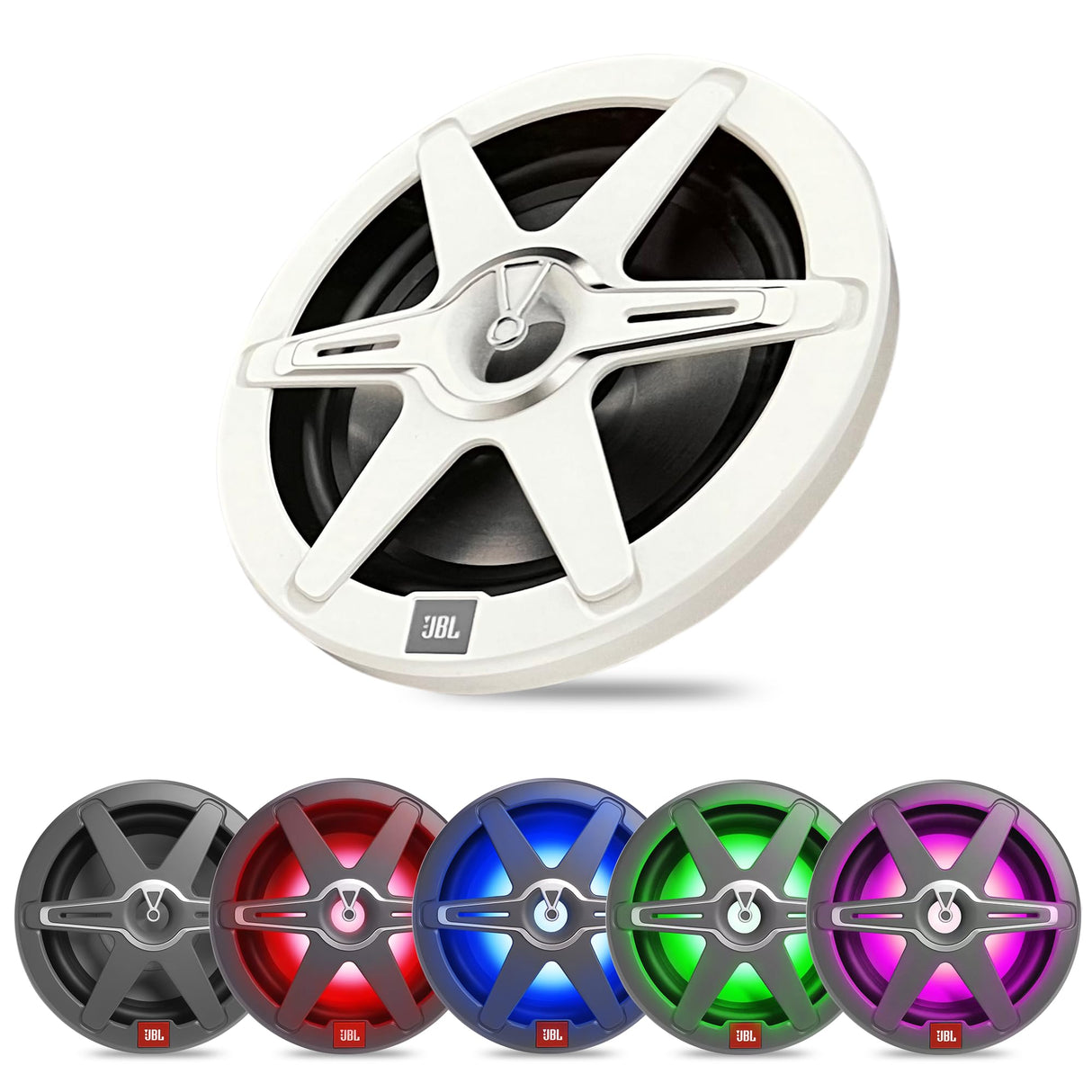 JBL Club Marine Subwoofer 10 Pulgadas pasivo - Altavoz Marino Potente con Graves Profundos para Radio Barco, 900 W, iluminación LED multicolor, altavoz exterior resistente a sal y agua, blanco y negro