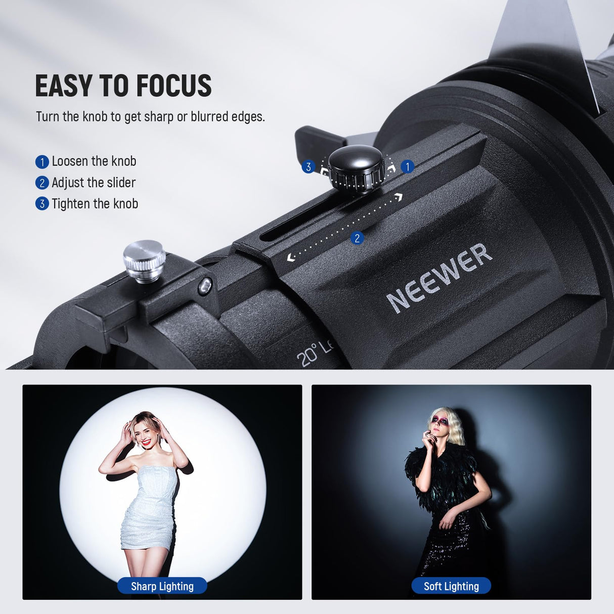 Neewer Soporte Snoot de 20°, Bolsa, Lente de proyección, Enfoque Ajustable, 16 gobos de Metal, 5 Geles de Color, Luz de Video LED Cónica Snoot MS Series(No para Montura Bowens), LS-48