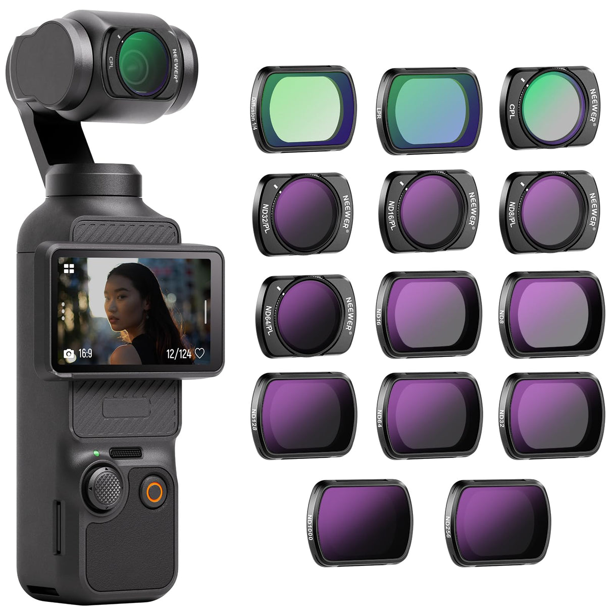 NEEWER Juego Filtro Magnético ND CPL y Efecto Compatible con DJI OSMO Pocket 3, 14 Pack CPL ND8/16/32/64/128/256/1000 ND8/PL ND16/PL ND32/PL ND64/PL Reducción Contaminación Lumínica Difusión Negra 1/4