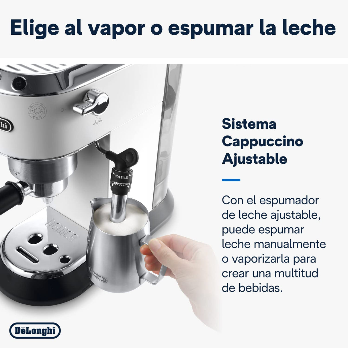 De'Longhi Dedica - Cafetera de Bomba de Acero Inoxidable para Café Molido o Monodosis, Cafetera para Espresso y Cappuccino, Depósito de 1.3 Litros, Sistema Anti-goteo, EC685.W, Blanco