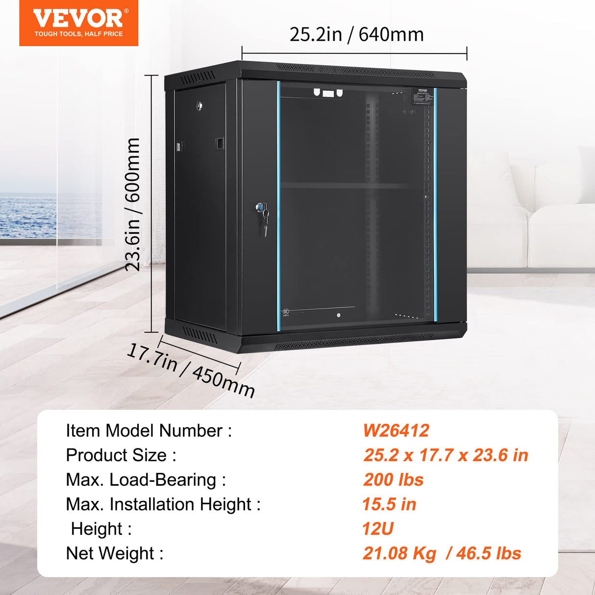 VEVOR Gabinete para servidor de red montaje en pared de 12U, 15,5" gabinete en rack para servidores 200 lbs con paneles laterales de puerta de vidrio con cerradura para equipos de TI, dispositivos A/V