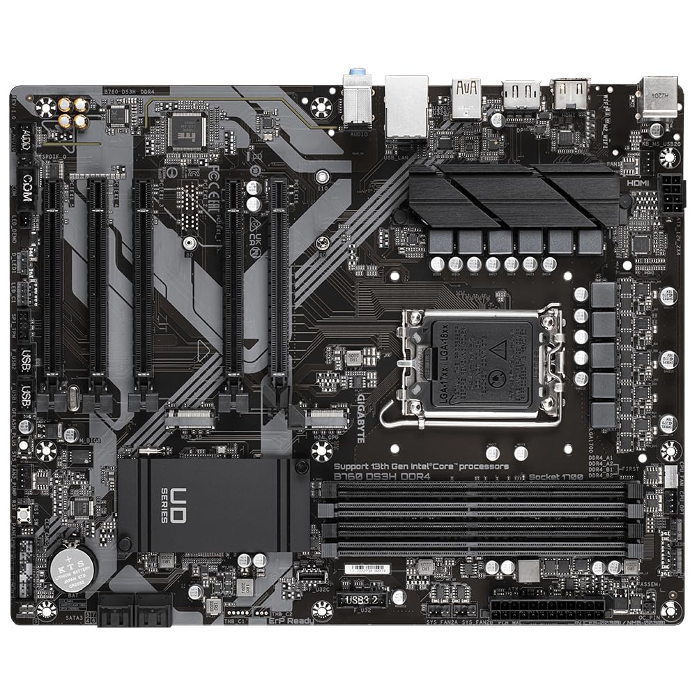 GIGABYTE B760 DS3H DDR4 Placa base - Soporta CPUs Intel Core de 14ª generación, VRM digital de 18+2+1 fases, hasta 5333MHz DDR4 (OC), 2xPCIe 4.0 M.2, LAN GbE, USB 3.2 Gen 2