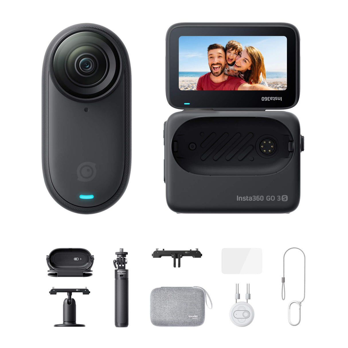 Insta360 GO 3S Paquete Todo en Uno - Cámara Vlogging 4K, POV Manos Libres, Móntala Donde Quieras, Estabilización, 140 Min de batería, Impermeable 10 M, Edición IA, Apple Find My, Vlog, Negro