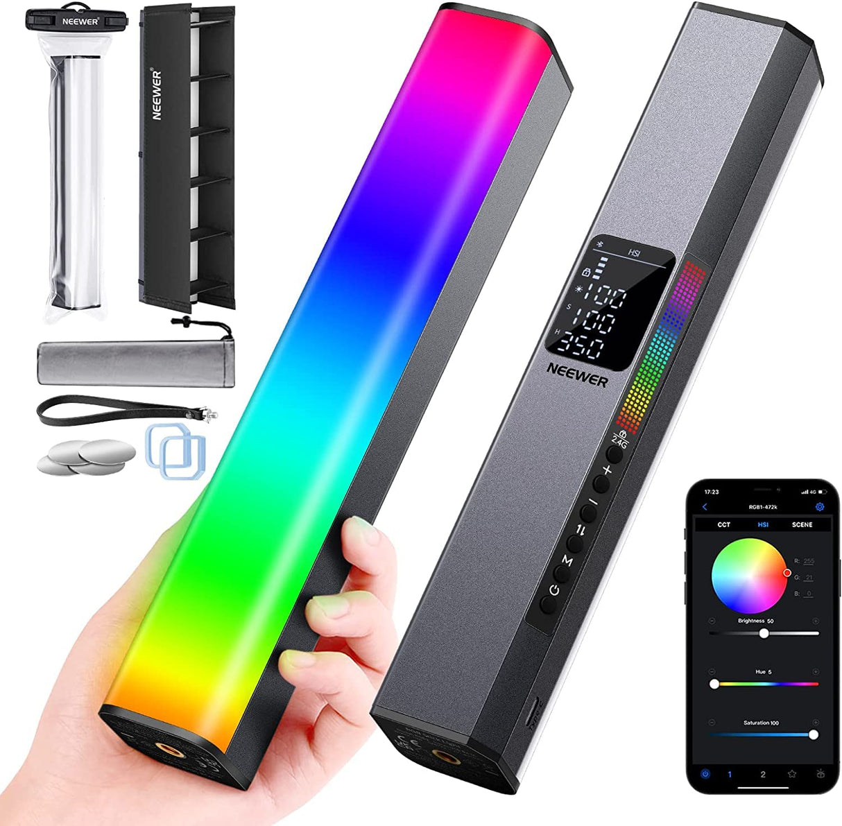 NEEWER RGB LED Video Palo Luz, Barra Táctil y Control App, Luz de Fotografía de Mano Magnética, Regulable 3200K-5600K CRI98+ Luz LED a Todo Color con Batería de 6400mAh, 17 Escenas, RGB1