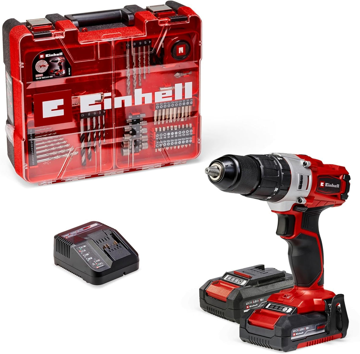 Taladro percutor con batería TE-CD 18/2 Li-i +64 PXC de Einhell (18 V, 44 Nm, engranaje de 2 veloc., incl. 2 baterías 2,0 Ah, cargador rápido, maletín y set de acces. de 64 piezas)