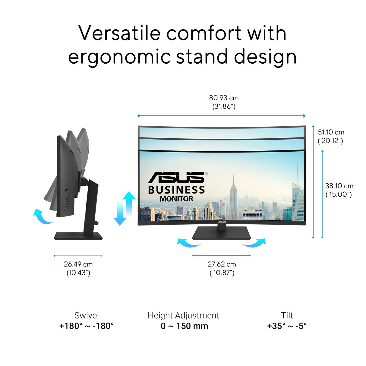 ASUS VA34VCPSR - Monitor Docking de 34", WQHD (3440x1440), Curvatura 1500R, Sin Marco, USB-C PD 96W, RJ45, USB Hub, Luz Azul Baja, Antiparpadeo, Diseño ergonómico, Montable en Pared, Sostenibilidad