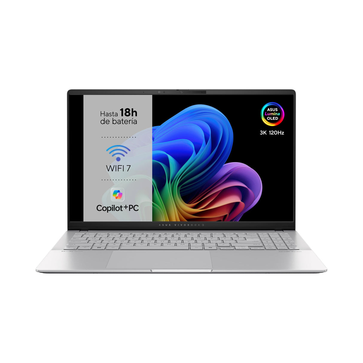 ASUS Vivobook S 15 OLED S5507QA-MA012W Copilot+ PC - Ordenador Portátil 15.6" Wide Quad HD+ 120Hz (Qualcomm Snapdragon X1P42100-16GB RAM- 512GB SSD- Adreno GPU- Windows 11 Home) Plata Fría - Teclad