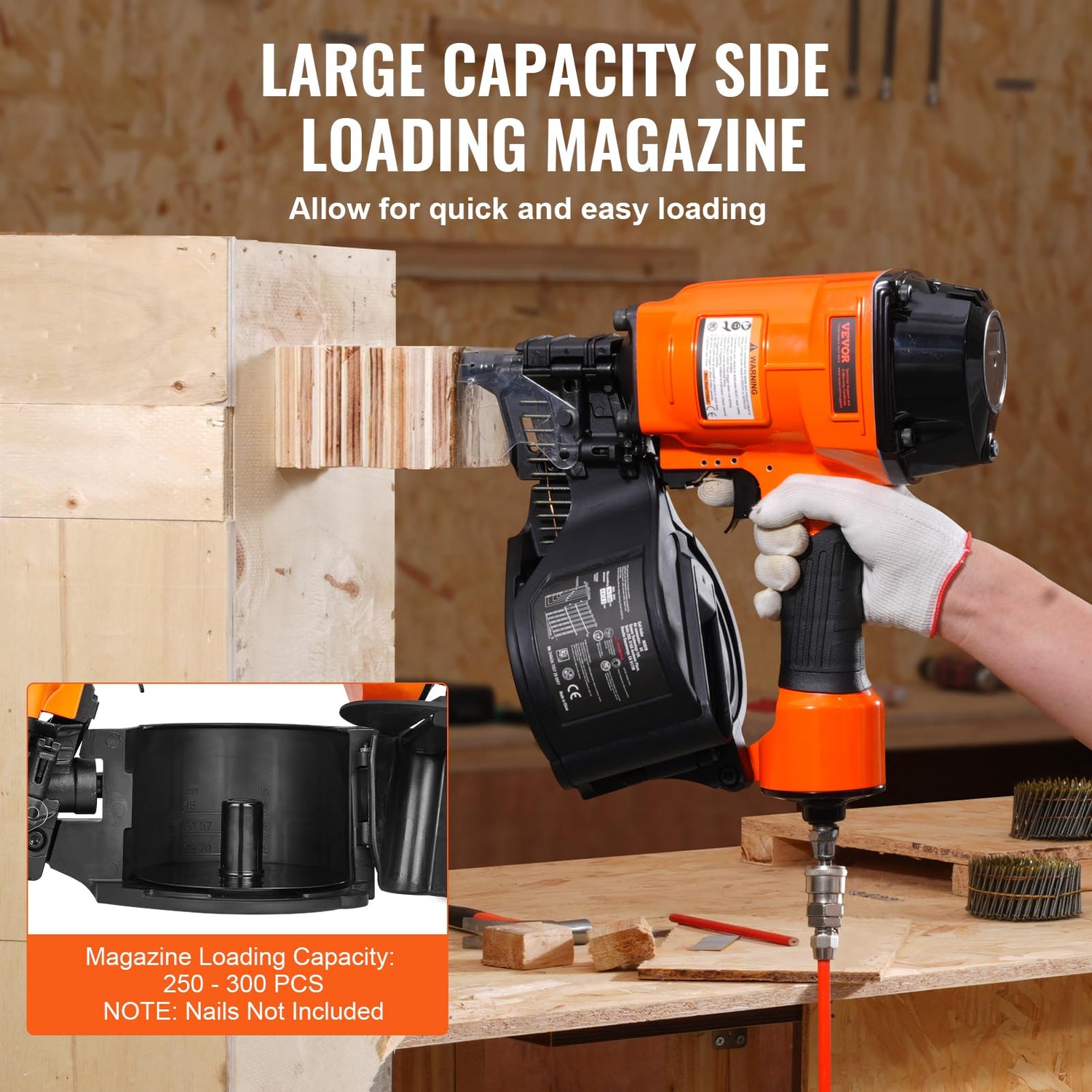 VEVOR Clavadora de Bobinas para Revestimiento MCN70, 45 a 70 mm de 15 Grados, Clavadora de Bobinas de Aire de 70-120 PSI para Palés, Cajas, Marcos, Revestimientos y Cercas, 340 x 320 x 130 mm