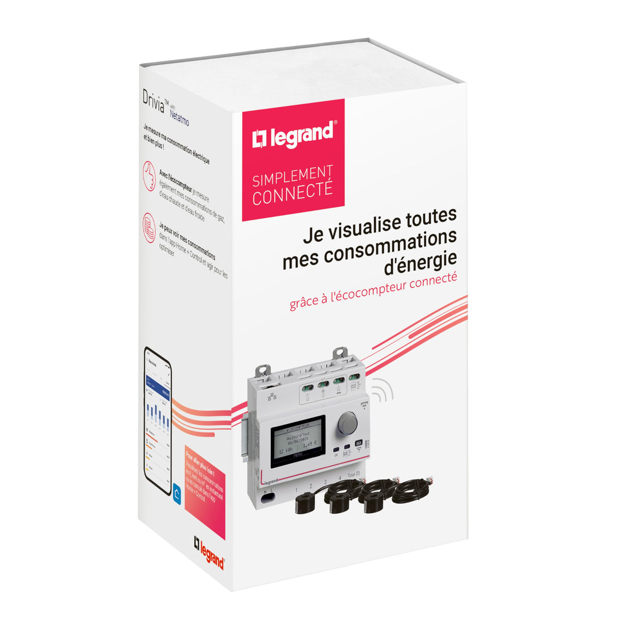 Legrand 199119 Drivia with Netatmo - Pack de ecocontador conectado con 3 tores cerrados 80A - Embalaje BTC - Gris