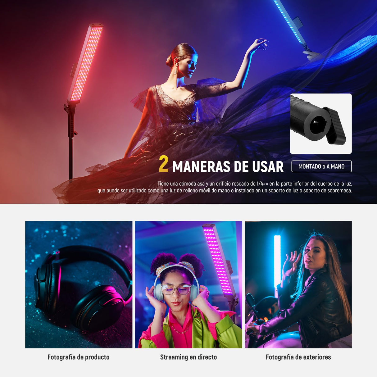 NEEWER Fotografía Barra Luz RGB Kit, Paquete de 2 Luz Tubo Video LED con Soporte, Difusor, Varita Luz Regulable 3250Lux 2500-10000K CRI95+/TLCI97+ App/2,4G/Control Panel para Live/Videos/Vlog, BH20C