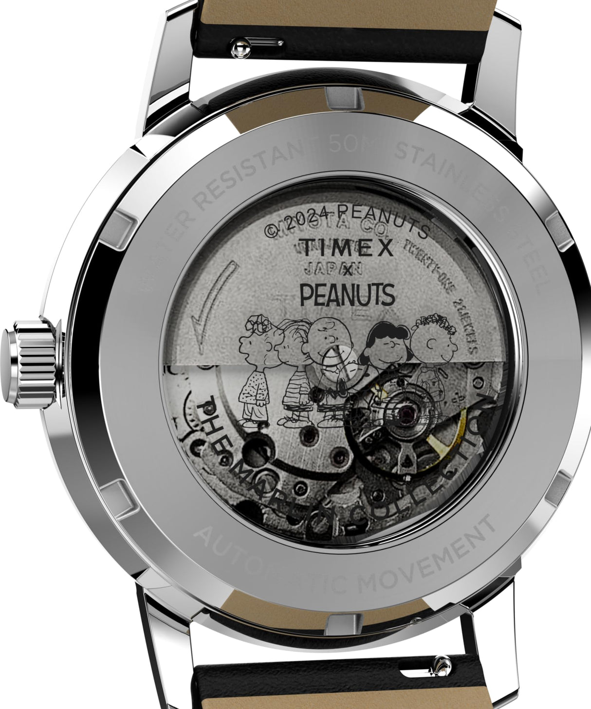 Timex Peanuts Automatic - Reloj de 40 mm para hombre, correa de liberación rápida de dos piezas de cuero negro, esfera en tono plateado, caja de acero inoxidable TW2W54000