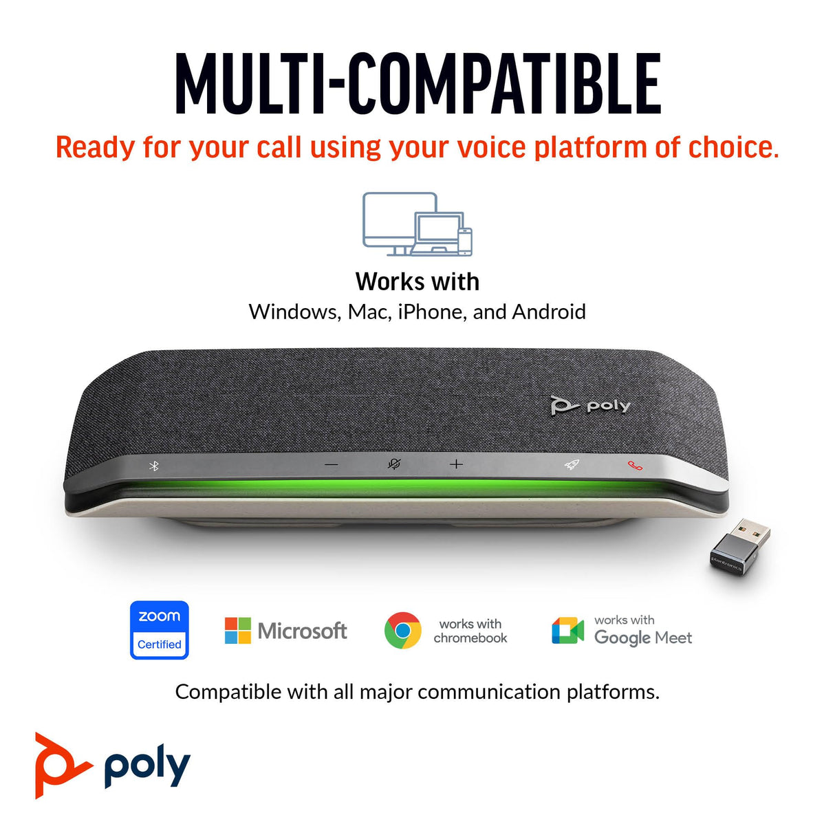 Altavoz manos libres inteligente Poly Sync 40+ - Espacios de trabajo flexibles - Se conecta a PC mediante un adaptador BT600 y a teléfonos inteligentes a través de Bluetooth - Funciona: Teams y Zoom