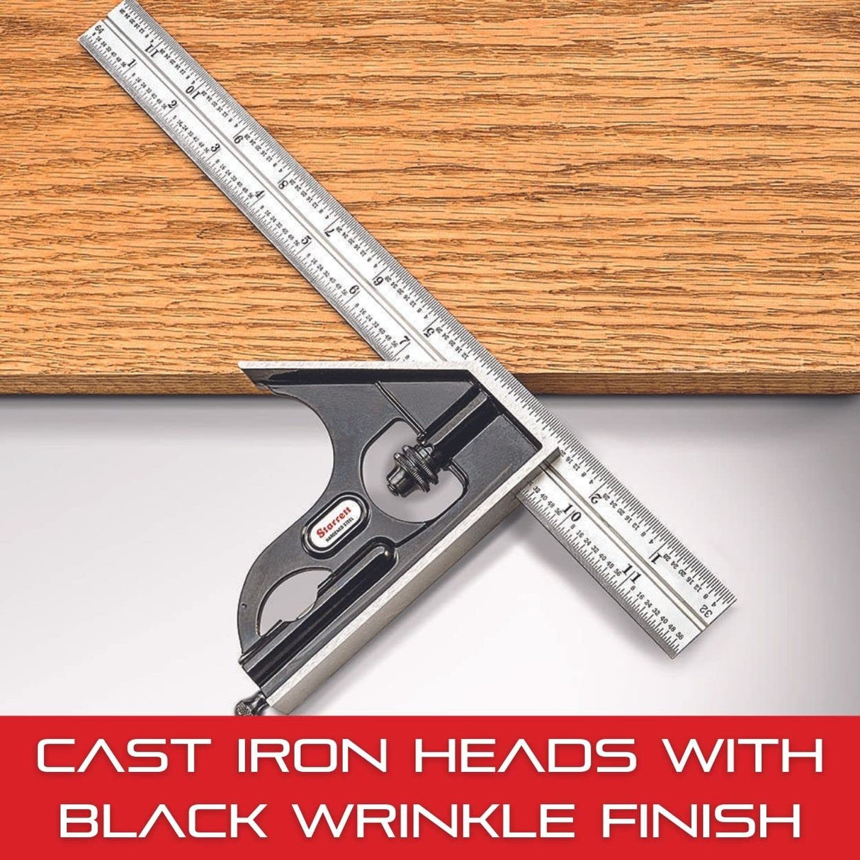 Starrett Juego de combinación C9-12-4R, con cabezales de hierro fundido, centrado, cabezales cuadrados y transportadores, acabado negro arrugado, hoja de cromo satinado, 30,48 cm, grado 4R