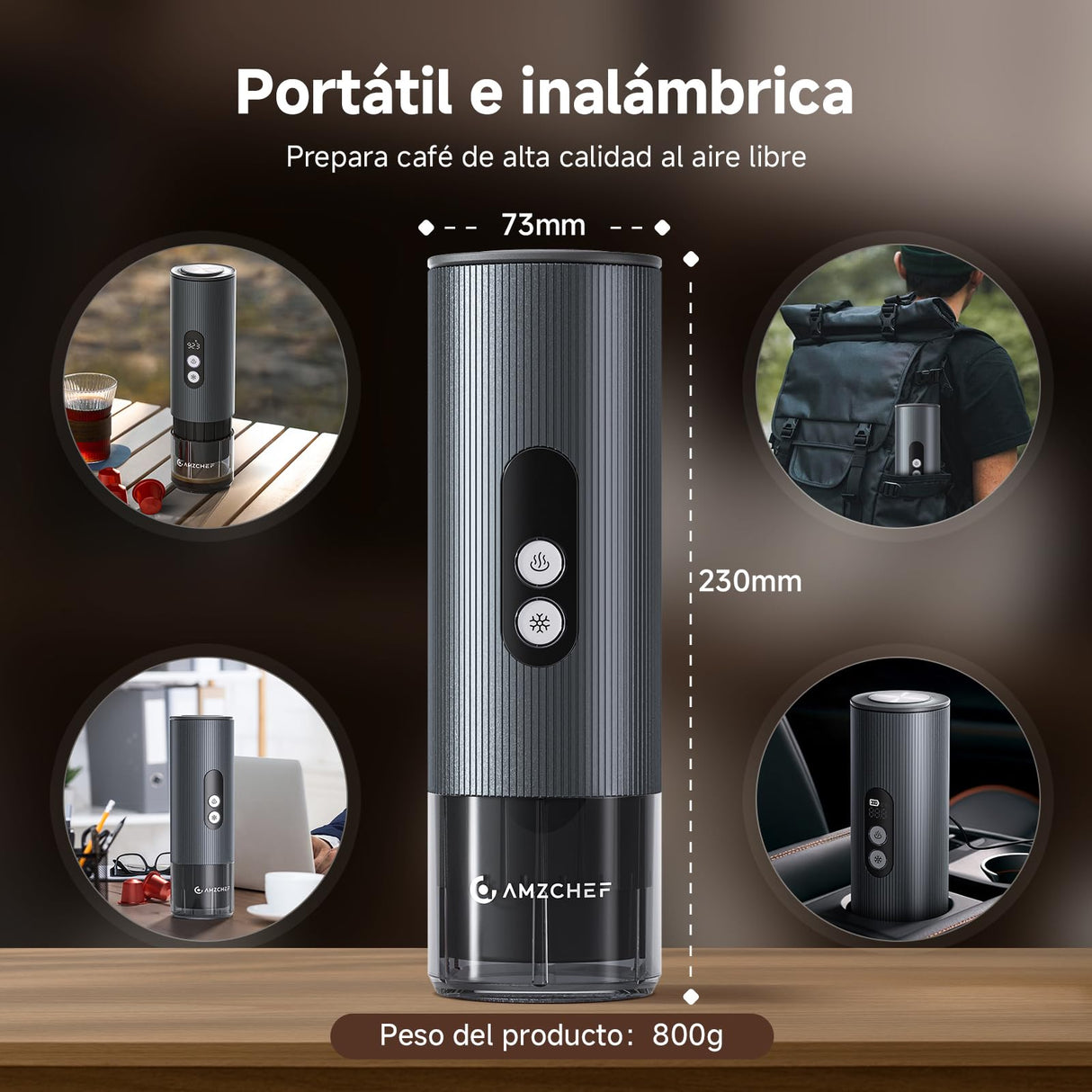 AMZCHEF Cafetera Portatil – 20 Bares, USB-C, Pantalla Digital,Compatible con Cápsulas – Cafetera Portátil Cápsula de Espresso para Viajes, Camping y Oficina,Aluminio