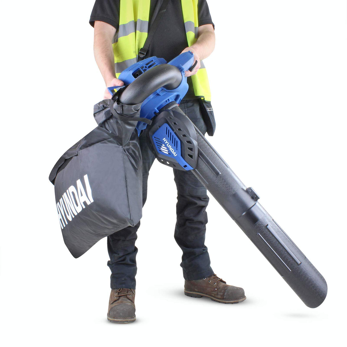 Hyundai Soplador de hojas 3 en 1, 26 cc, 2 tiempos, bolsa recolectora de hojas grande de 40 l, potente aspirador, triturador y triturador de hojas de gasolina con 3 años de garantía