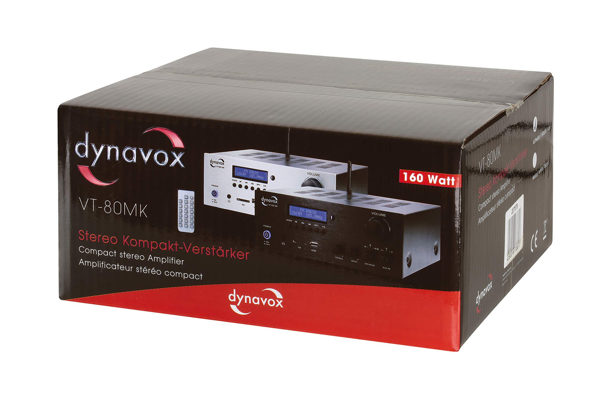 Dynavox VT-80 MK Amplificador estéreo Compacto, 4 terminales de Altavoz atornillables, Control Remoto para entradas Digitales (USB, Tarjeta SD), Antena BT integrada y Radio FM, Plateado