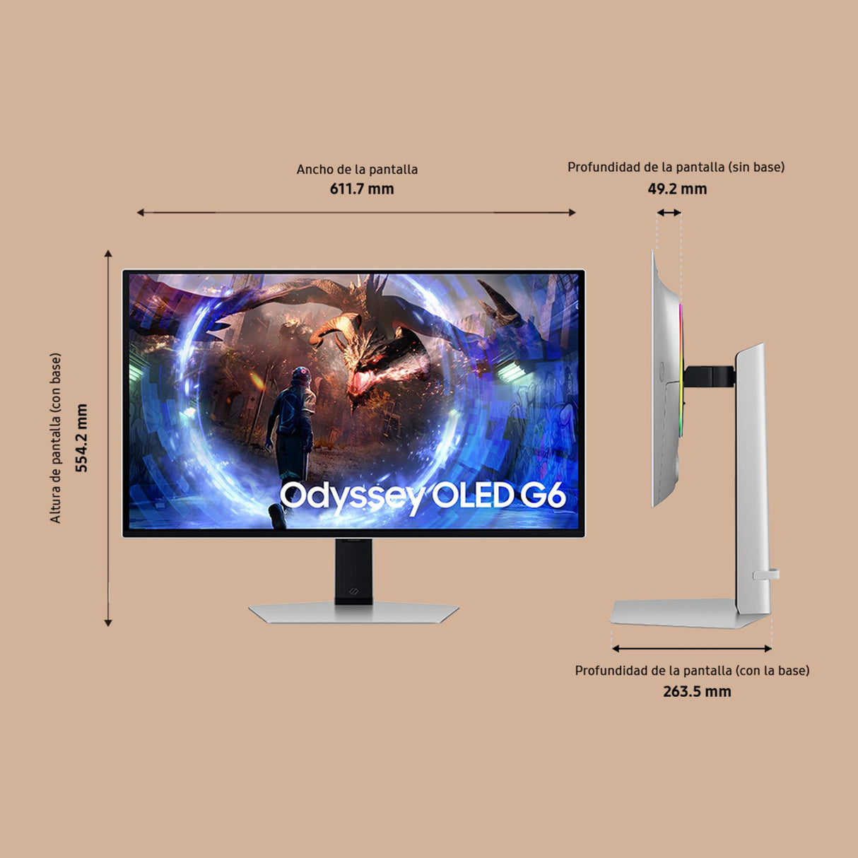 SAMSUNG LS27DG602SUXEN - Monitor Odyssey OLED G6 de 27" QHD (2560 x 1440, 16:9, 360Hz, 0,03ms, FreeSync Premium Pro, Antirreflejos, Modo Eye Saver, Flicker Free), Plateado, Versión 2024