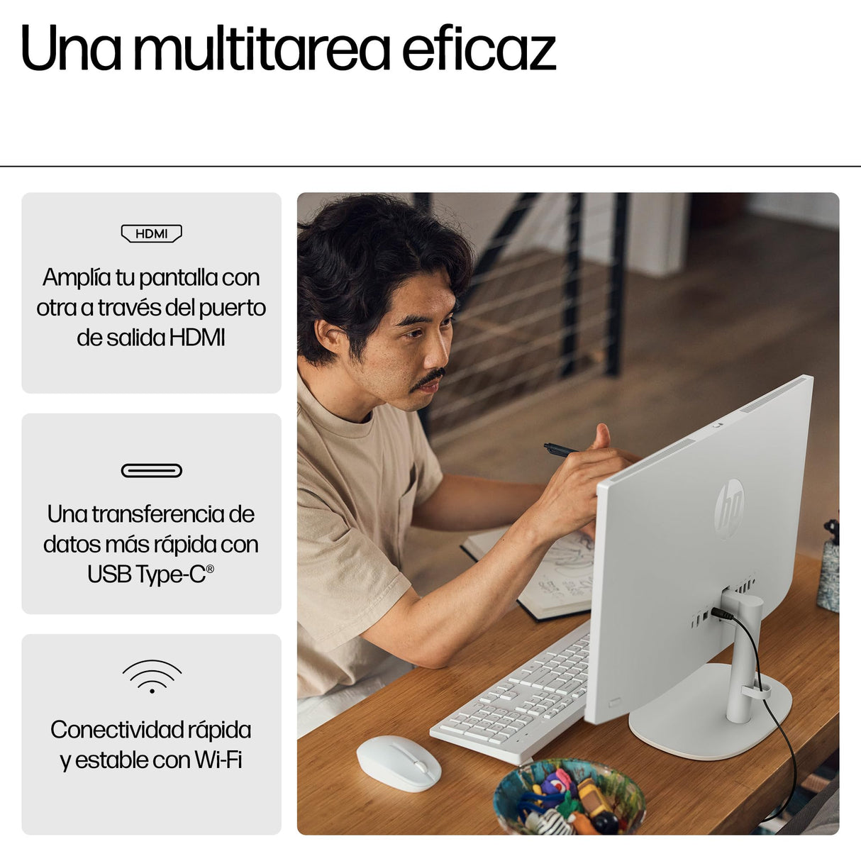 HP All-in-One 22-dg0038ns - Ordenador de 21.5" (Intel N100, 8GB RAM, 256GB SSD, Intel UHD Graphics, FreeDos) - White - Teclado QWERTY Español