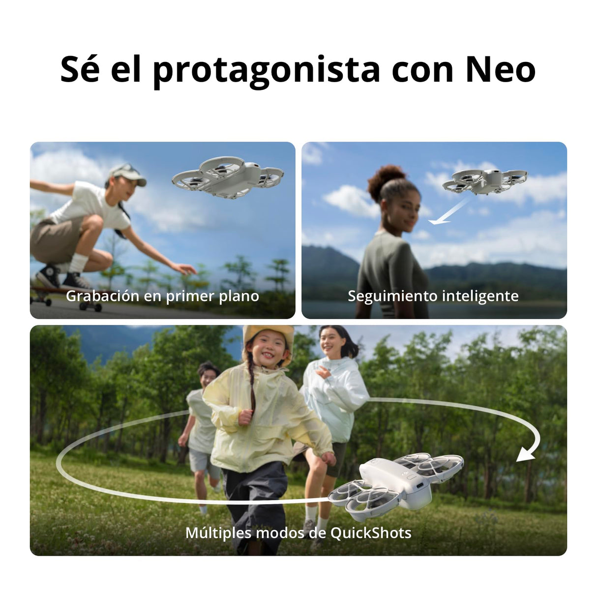 DJI Pack Neo Motion Vuela Más, dron mini con cámara 4K UHD para adultos, 135 g dron que vuela siguiéndote, despega desde la mano, seguimiento de objetivos por IA, con RC Motion 3 y 3 baterías