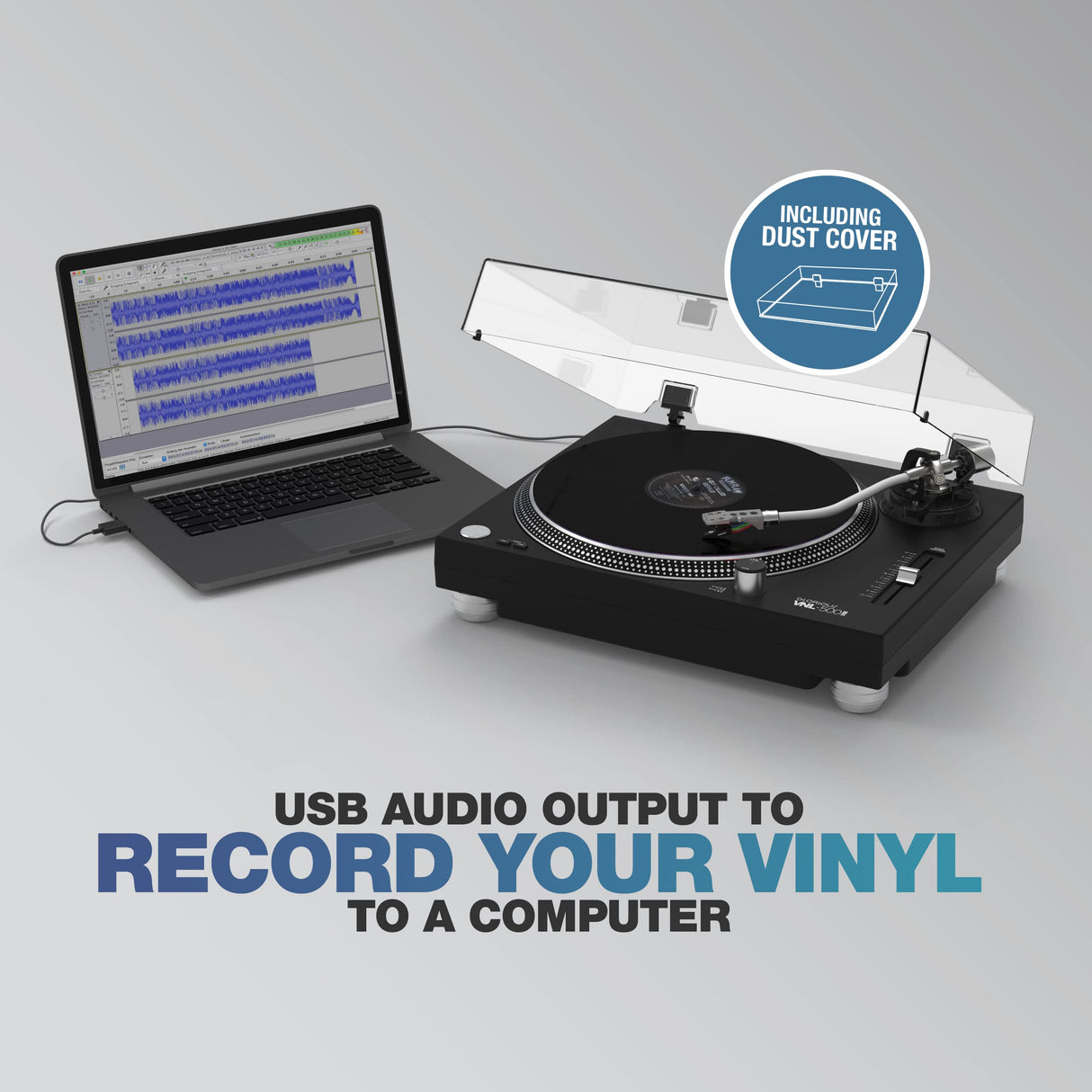 Glorious VNL-500 tocadiscos de accionamiento directo para DJ o Hifi con salida USB para grabación digital, selección de velocidad 33/45, rango de paso ajustable, carcasa, cartucho y cubierta antipolvo
