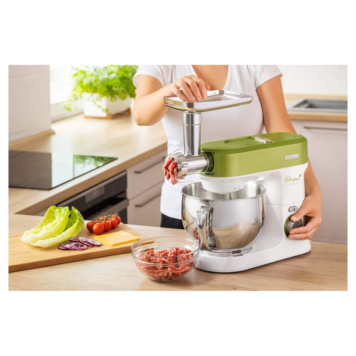 Sencor - Robot pastelero multifuncional, robot de cocina potente, motor 1200 W, con iluminación LED, 6 velocidades, puls y 2 programas NutriSmart, kit de accesorios completos - verde 3780