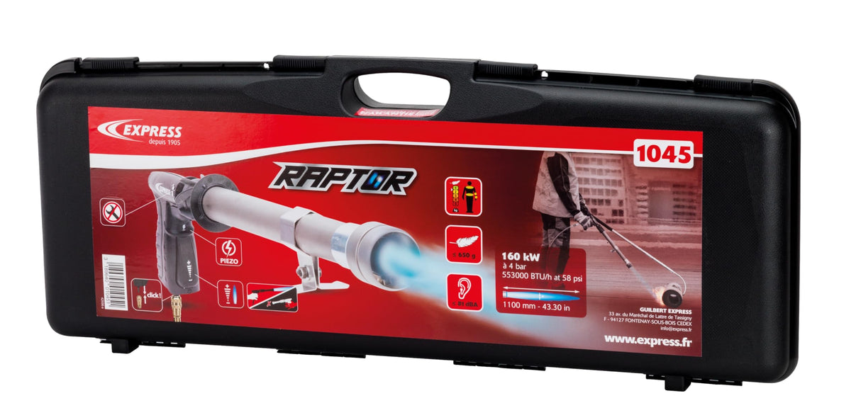 Antorcha de Impermeabilidad RAPTOR, Encendido Piezoeléctrico, Manija de Seguridad con Acoplamiento Rápido - Se Entrega con una Lanza Larga Recta de 160 kW, y un Adaptador Rápido - EXPRESS