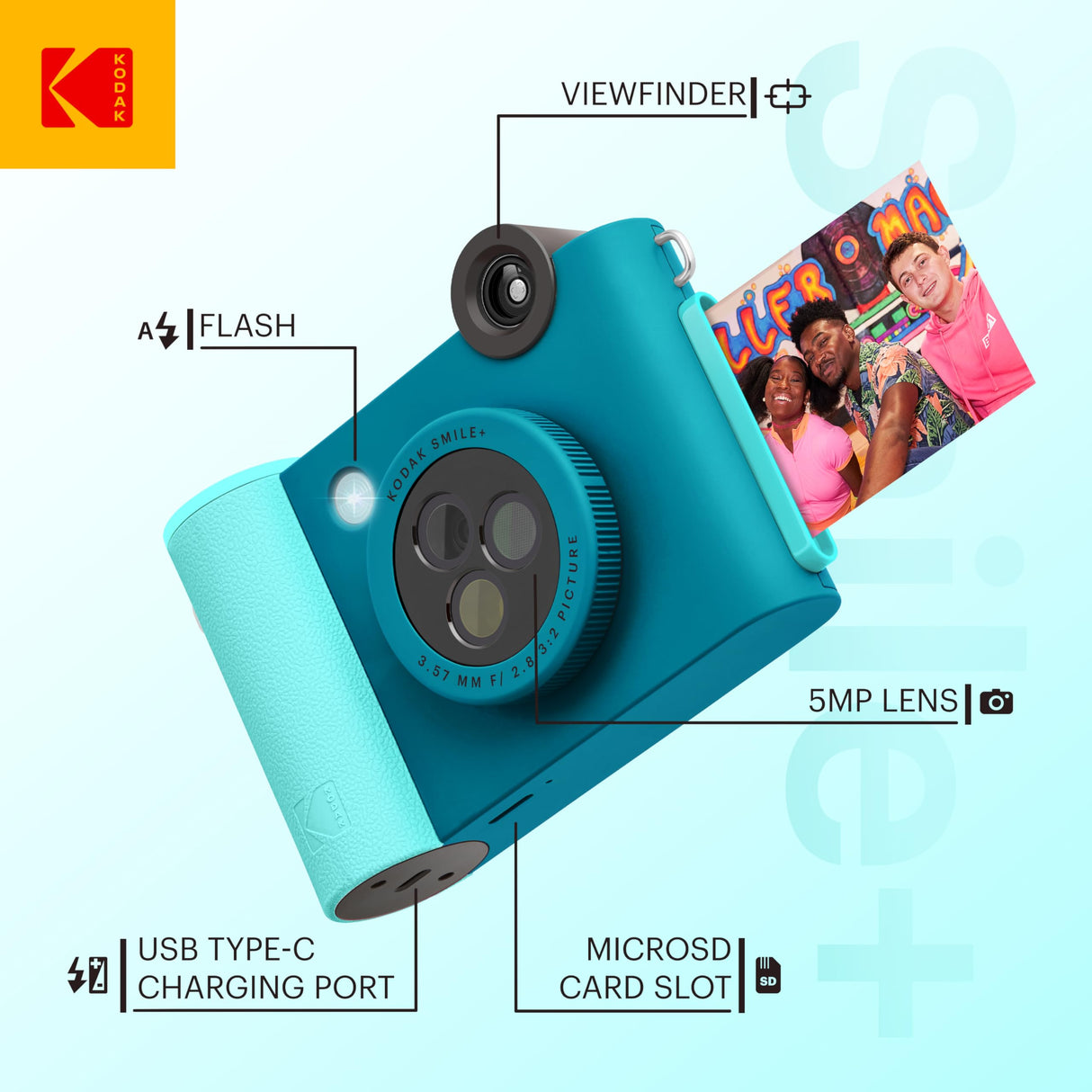 KODAK Smile+ - Paquete de iniciación de cámara instantánea Digital e Impresora fotográfica 2 en 1, Funda Suave + Papel Zink, 10 MP, Lente giratoria, Color Azul