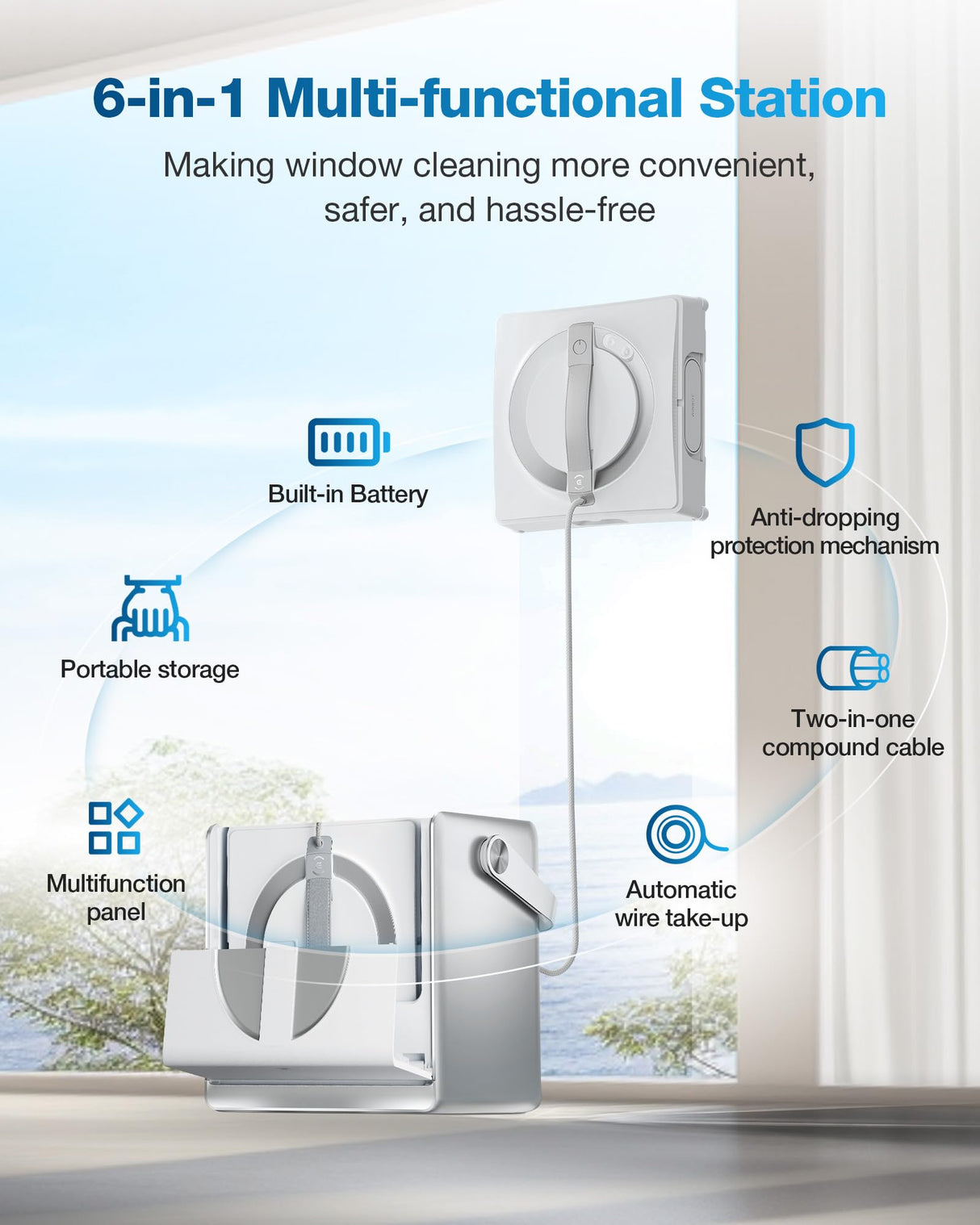 ECOVACS WINBOT W2 Omni Robot Limpiador de Ventanas con estación multifunción 6 en 1, batería integrada de 4500 mAh, Modo de Limpieza de Bordes, tecnología de pulverización de Gran Angular
