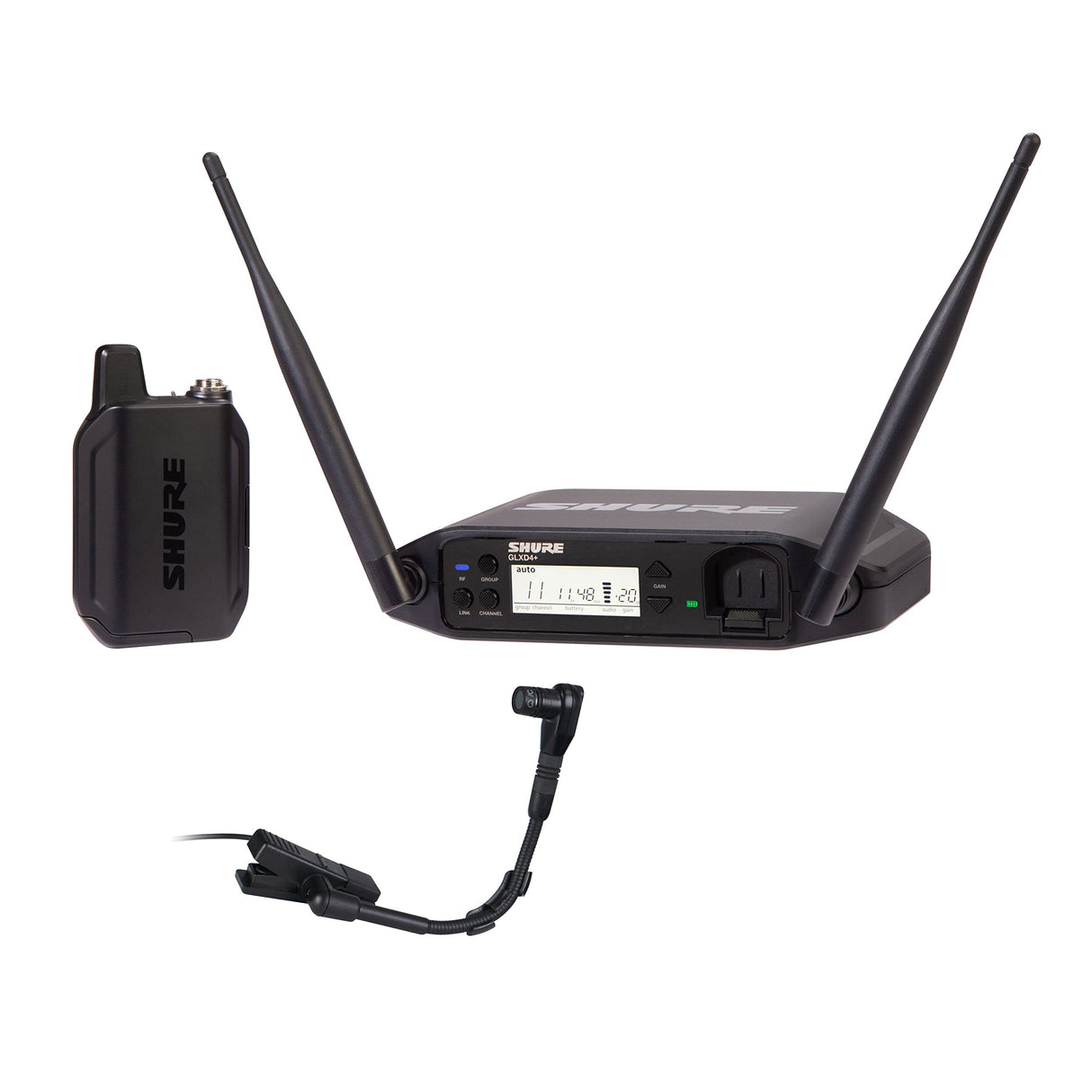Micrófono inalámbrico Shure GLXD14+/B98 para Instrumentos con batería de 12 Horas y Alcance de 30m. Incluye micrófono de Instrumento con Clip y Receptor de Canal único.