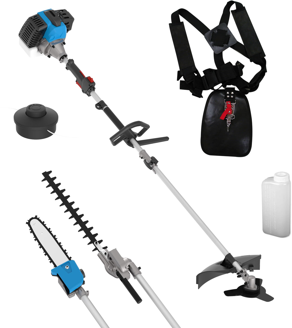 Güde Kit de Cuidado de jardín GPS 1001 4 en 1 (Motor de 2 Tiempos 1,2/1,6 kW/PS), Sierra de Cadena con Espada y Cadena Oregon, desbrozadora, Recortadora, Cortasetos en uno, Incluye extensión,