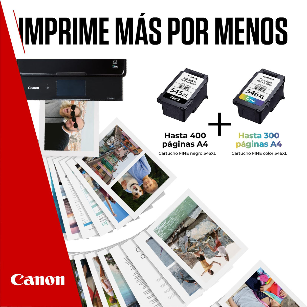 Canon Tinta y Papel - PG-545XL + CL-546XL - Pack de 2 Cartuchos Originales - (x 1 Negro, x 1 Tricolor) + Papel fotográfico 10 x 15 cm (50 Hojas)