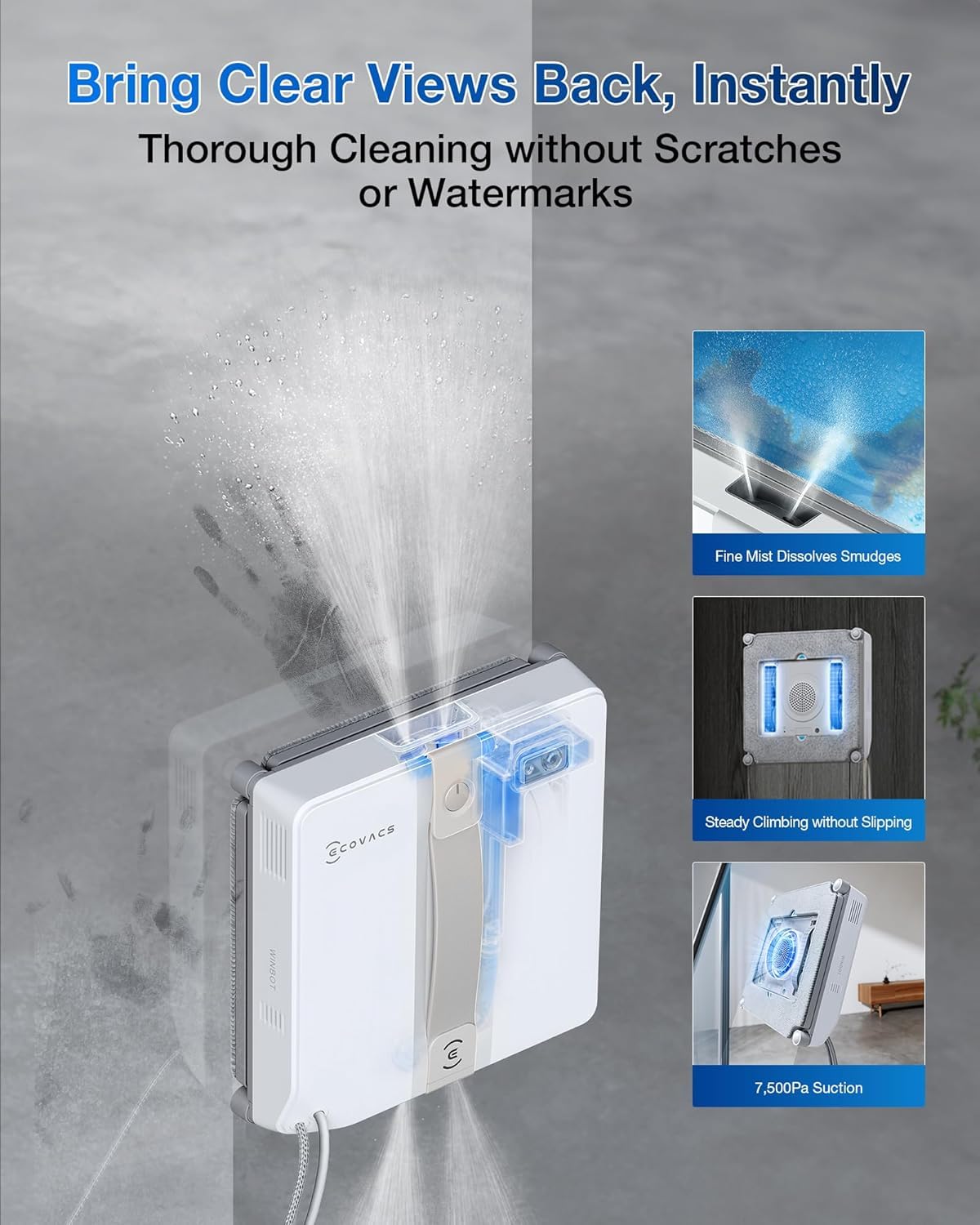 ECOVACS Winbot Mini Robot limpiacristales, diseño Compacto, boquillas Dobles con pulverizador ultrasónico, Sistema de protección de 9 etapas, planificación Inteligente de rutas