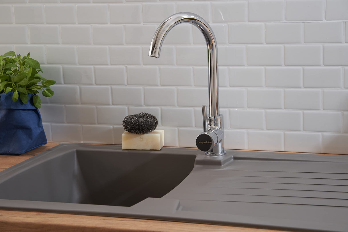 Respekta Boston Fregadero de Mineralite en gris hormigón/Fregadero empotrado de 1 cubeta de 86 x 50 cm/Apto para bases a partir de 45 cm de ancho