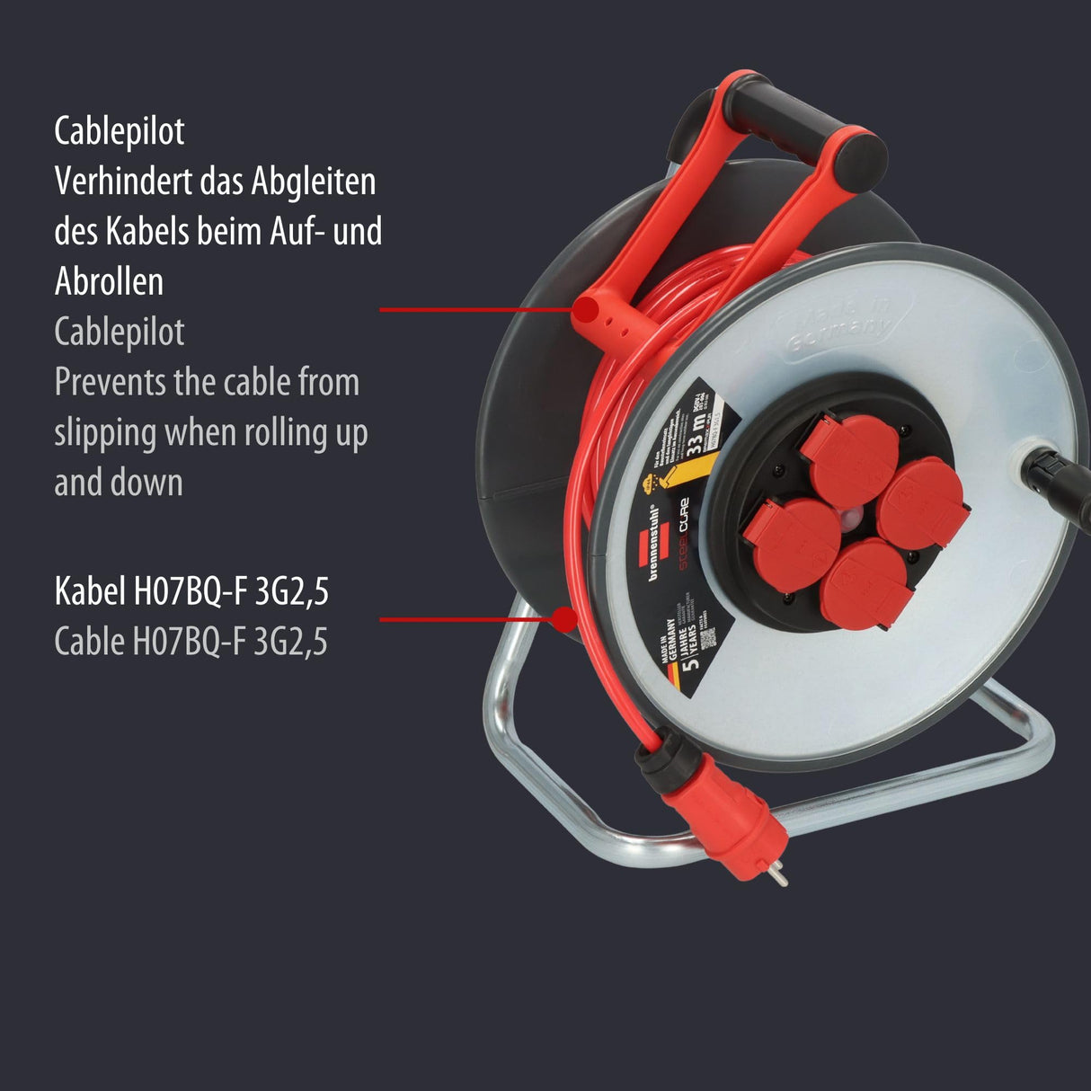 Brennenstuhl Professional SteelCore Carrete SC 3210 IP44, 33m H07BQ-F 3G2,5, cuerpo de carrete de chapa de acero, uso en obras y uso permanente en exteriores, fabricado en Alemania